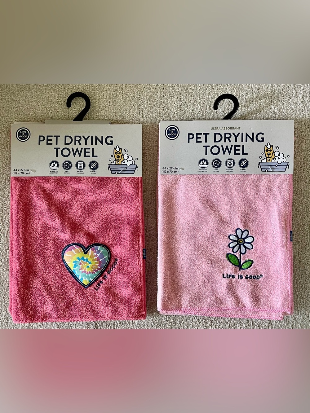 Life Is Good Pink Pet Ultra Absorbant Drying Towels 1 Heart & 1 Daisy Embroidery